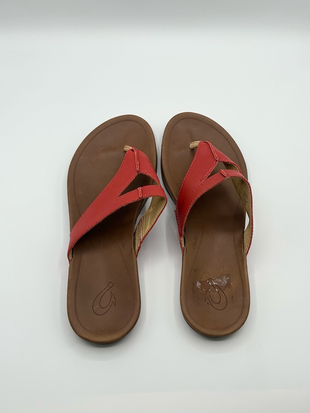 OluKai Red Leather Thong Sandals with Brown Footbed - Picture 5 of 8